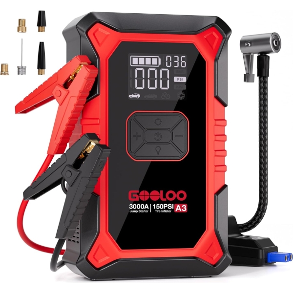 Portable 3000A 12V Car Battery Booster Jump Starter with Tire Inflator