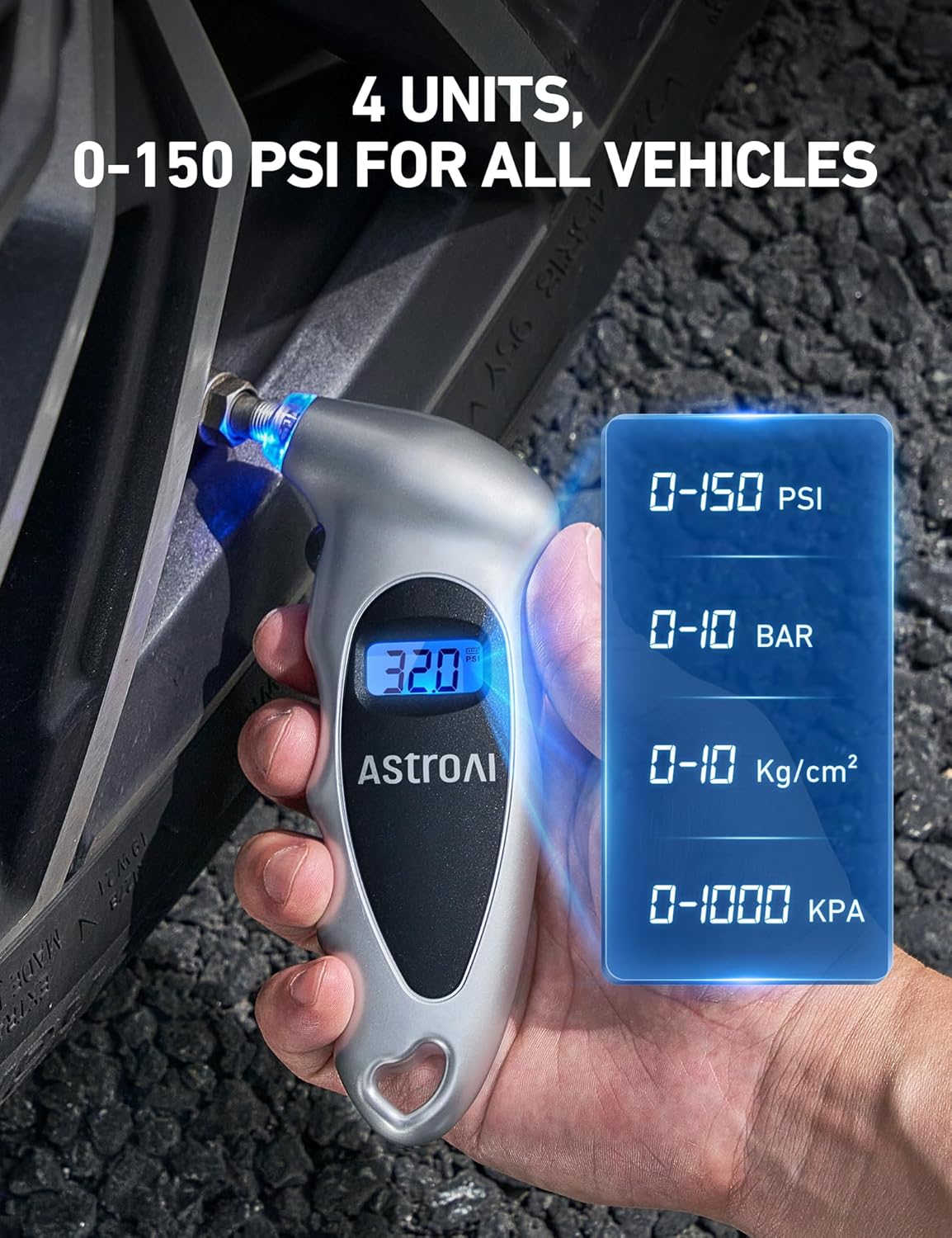 Accurate Digital Tire Pressure Gauge 0-150 PSI with Backlight LCD
