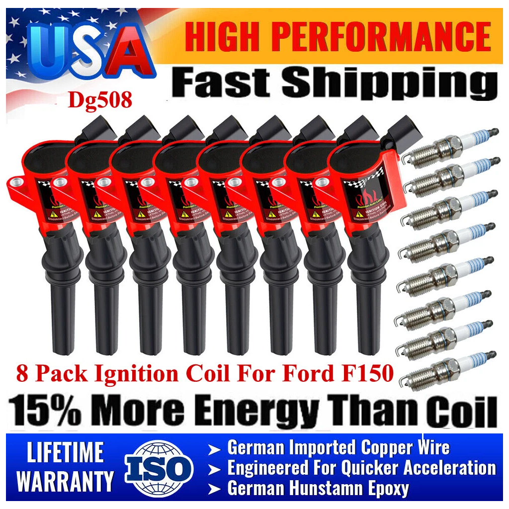 Set of 8 Ignition Coils DG508 and Iridium Spark Plugs SP479 for Ford F ...